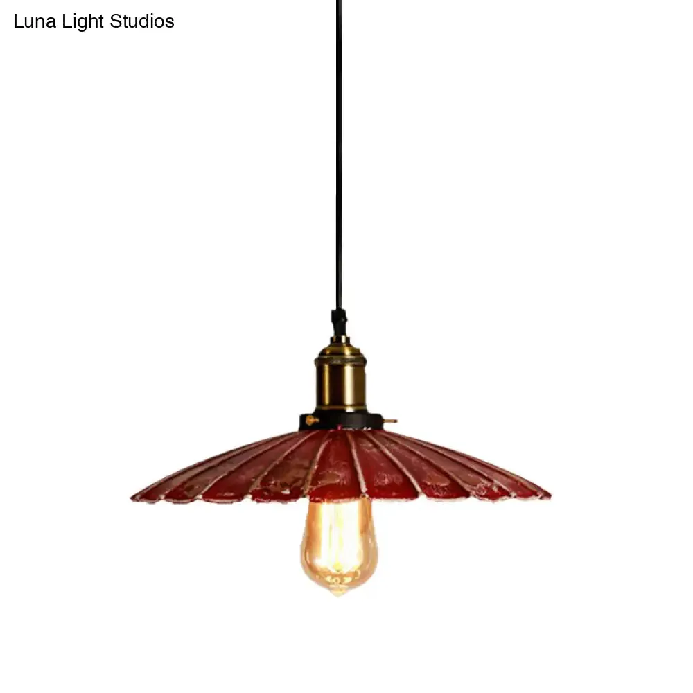 Rustic Red Scalloped Shade Pendant Lamp - Metallic Finish, Coffee Shop Hanging Light Fixture