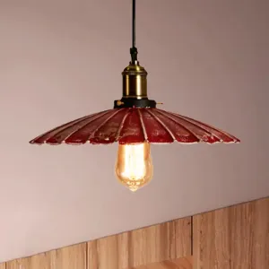 Rustic Red Scalloped Shade Pendant Lamp - Metallic Finish, Coffee Shop Hanging Light Fixture