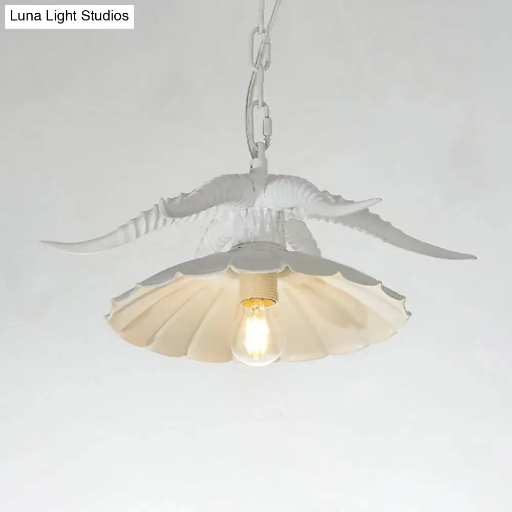 Rustic Resin OX Horn Hanging Lamp: Brass/White Pendant Light with Scalloped Shade