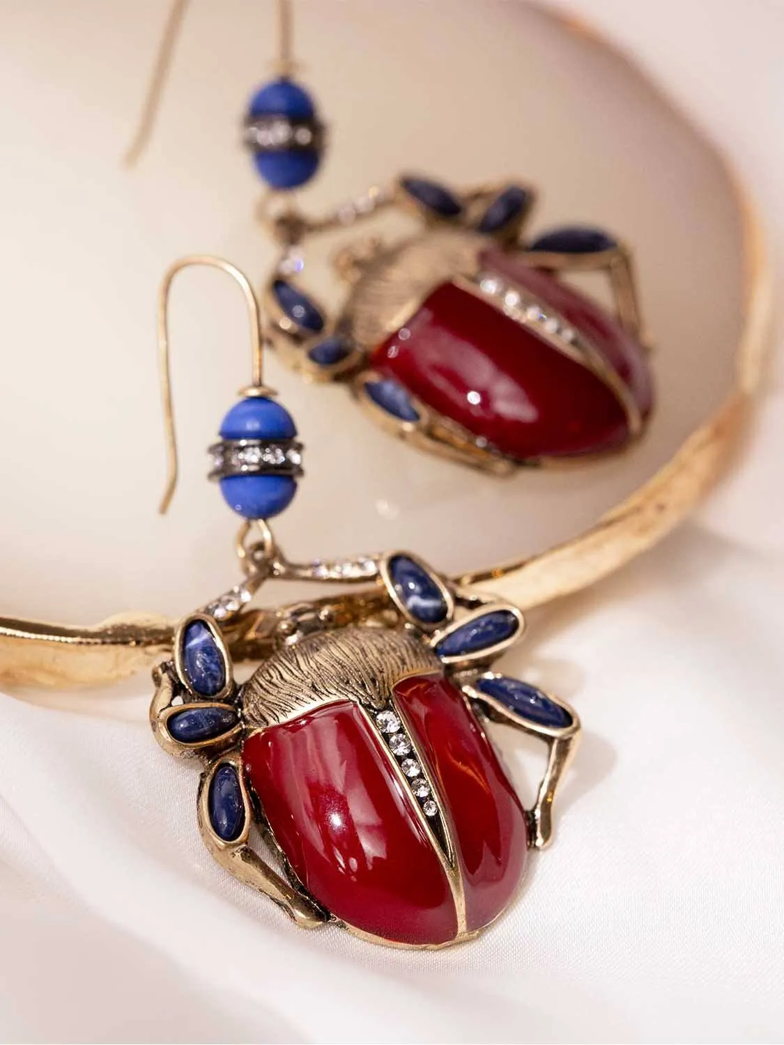 Scarab Earrings with Red and Blue Stones