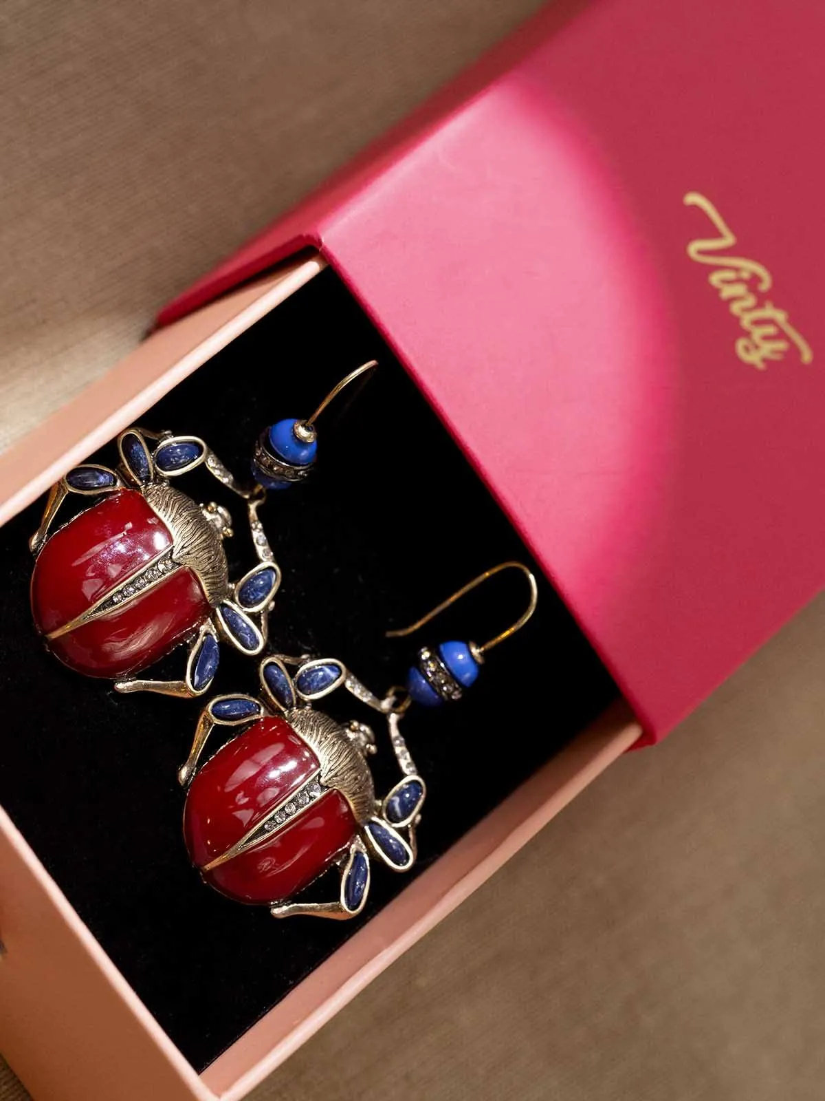 Scarab Earrings with Red and Blue Stones