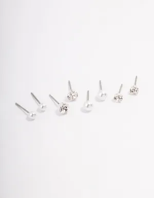 Silver Pearl & Diamante Stud Earrings 4-Pack