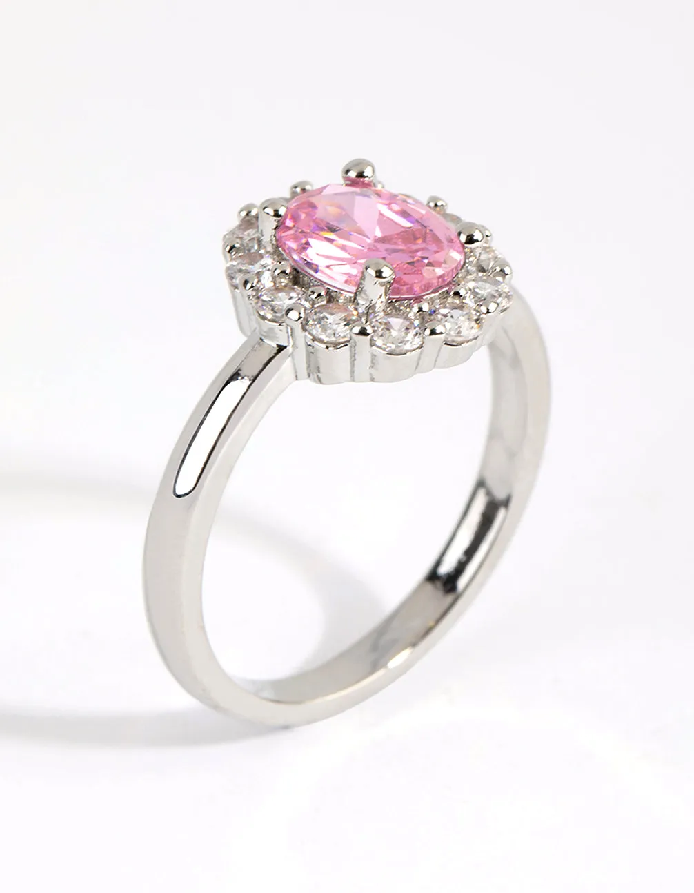 Silver Pink Cubic Zirconia Oval Ring