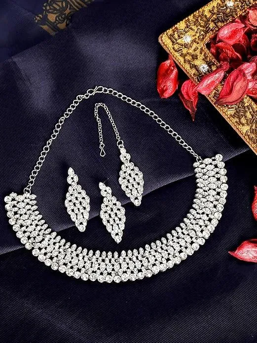 Silver Plated Necklace Jewelry Set with Earrings and Maang Tikka for Women