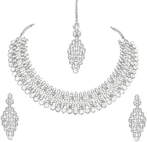 Silver Plated Necklace Jewelry Set with Earrings and Maang Tikka for Women