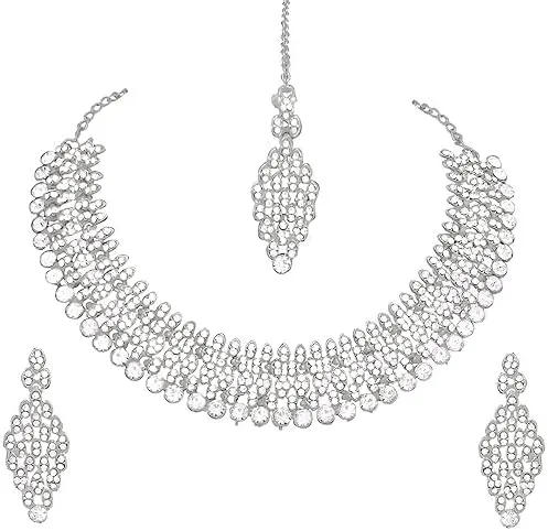 Silver Plated Necklace Jewelry Set with Earrings and Maang Tikka for Women