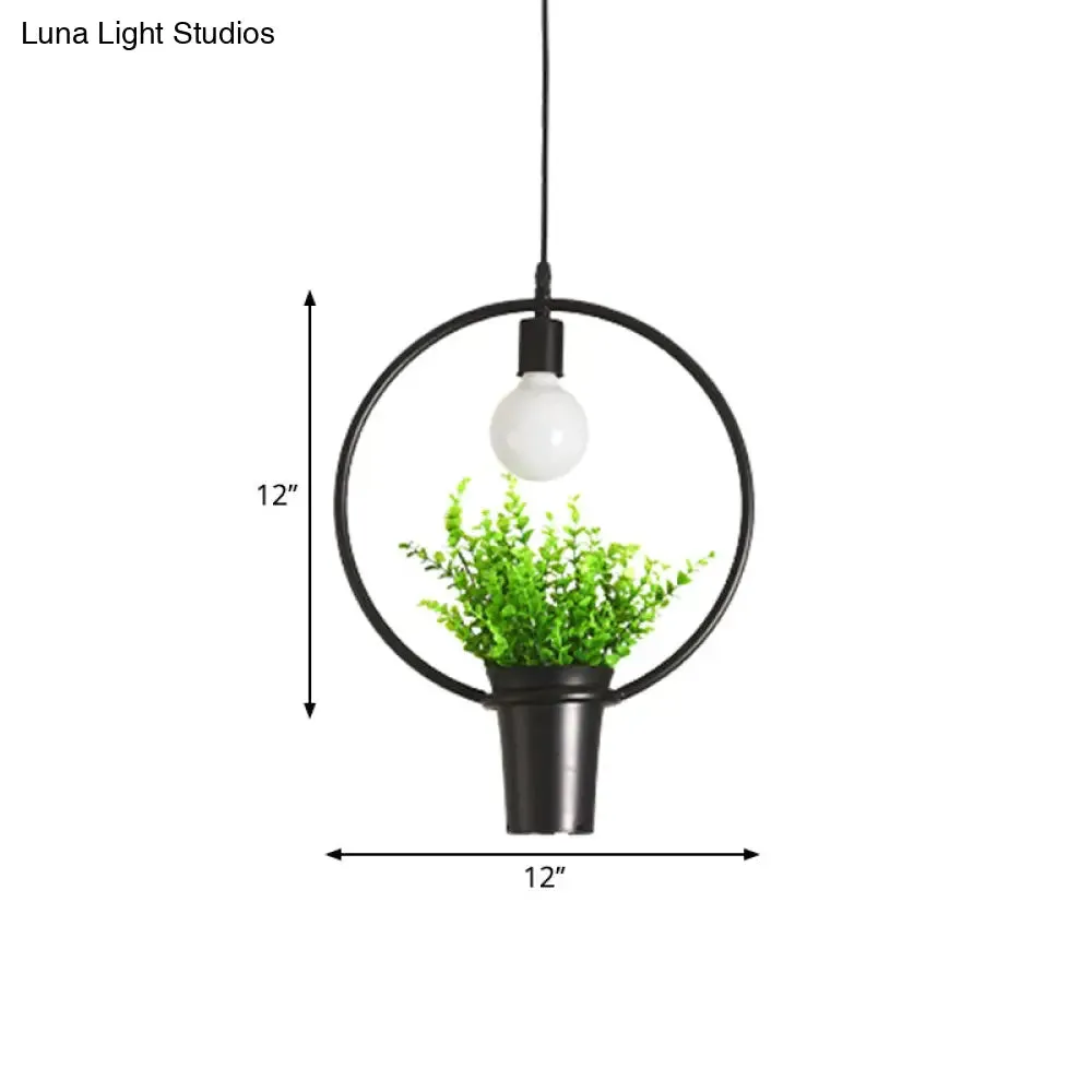 Single Plant Pendant Light Fixture - Rustic Iron Hanging Lamp in Black (Triangle/Square/Oval)