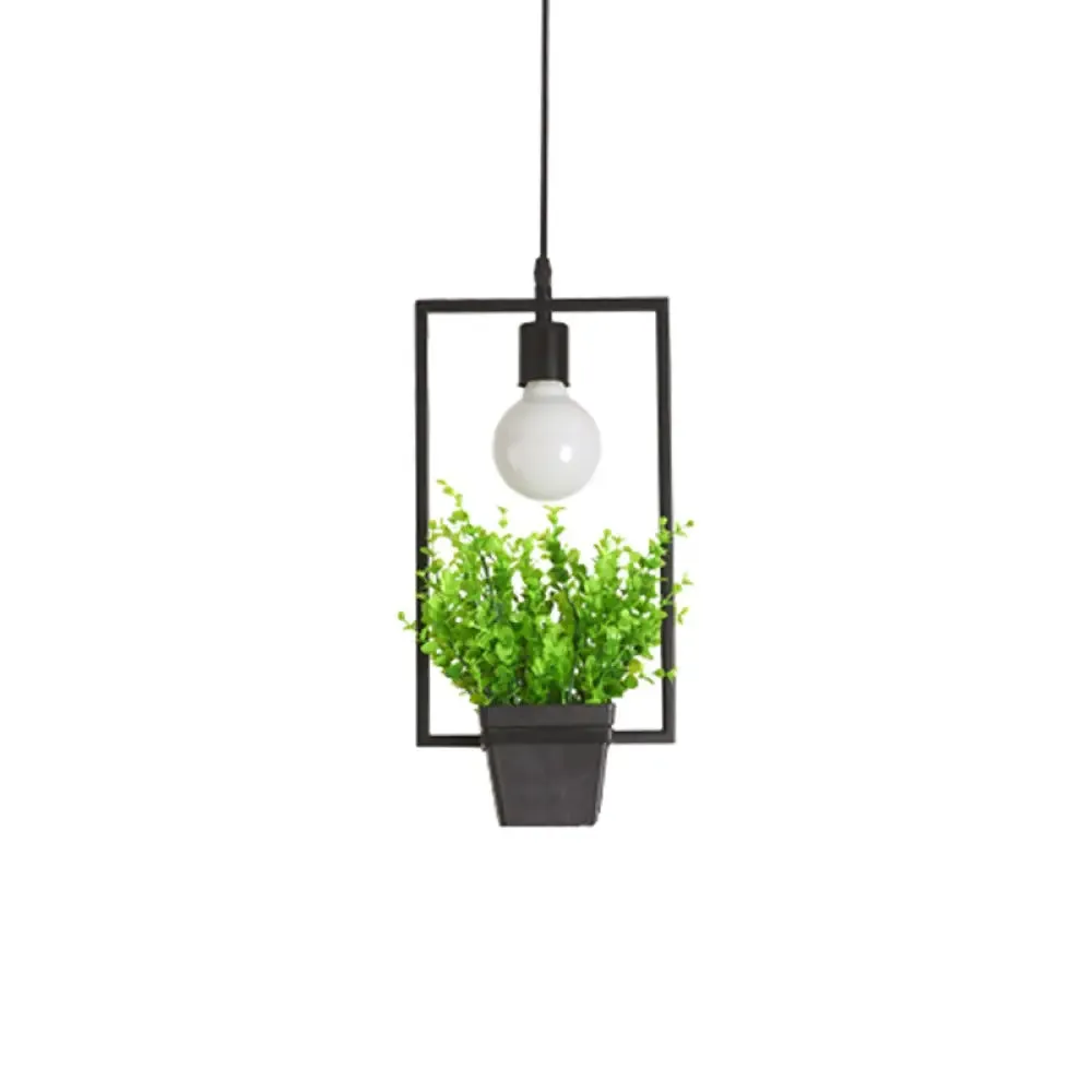 Single Plant Pendant Light Fixture - Rustic Iron Hanging Lamp in Black (Triangle/Square/Oval)