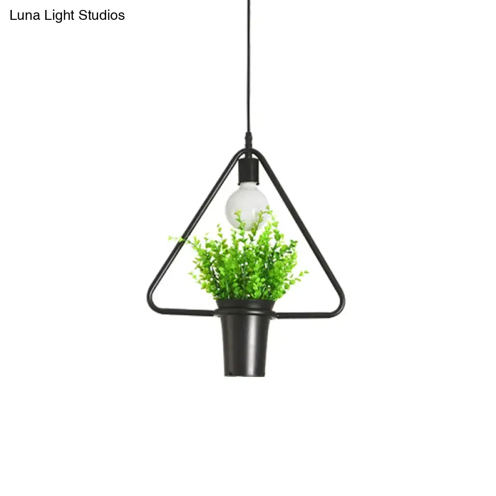 Single Plant Pendant Light Fixture - Rustic Iron Hanging Lamp in Black (Triangle/Square/Oval)