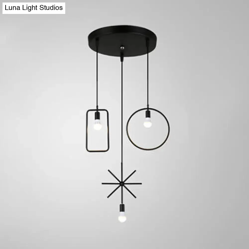 Sleek Black Geometric Dining Room Pendant Light with Exposed Bulbs - 3 Head Industrial Metal Lamp