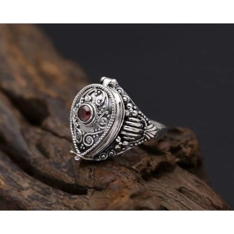 Solid Silver 925 Amulet Box Rings Men With Red Stone Vintage Handmade Real 925 Sterling Silver Jewelry Men Cool Bijoux Gifts