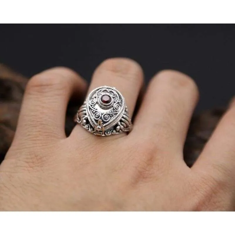 Solid Silver 925 Amulet Box Rings Men With Red Stone Vintage Handmade Real 925 Sterling Silver Jewelry Men Cool Bijoux Gifts