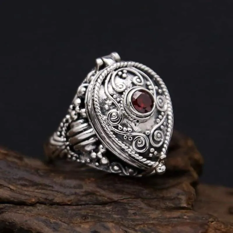 Solid Silver 925 Amulet Box Rings Men With Red Stone Vintage Handmade Real 925 Sterling Silver Jewelry Men Cool Bijoux Gifts