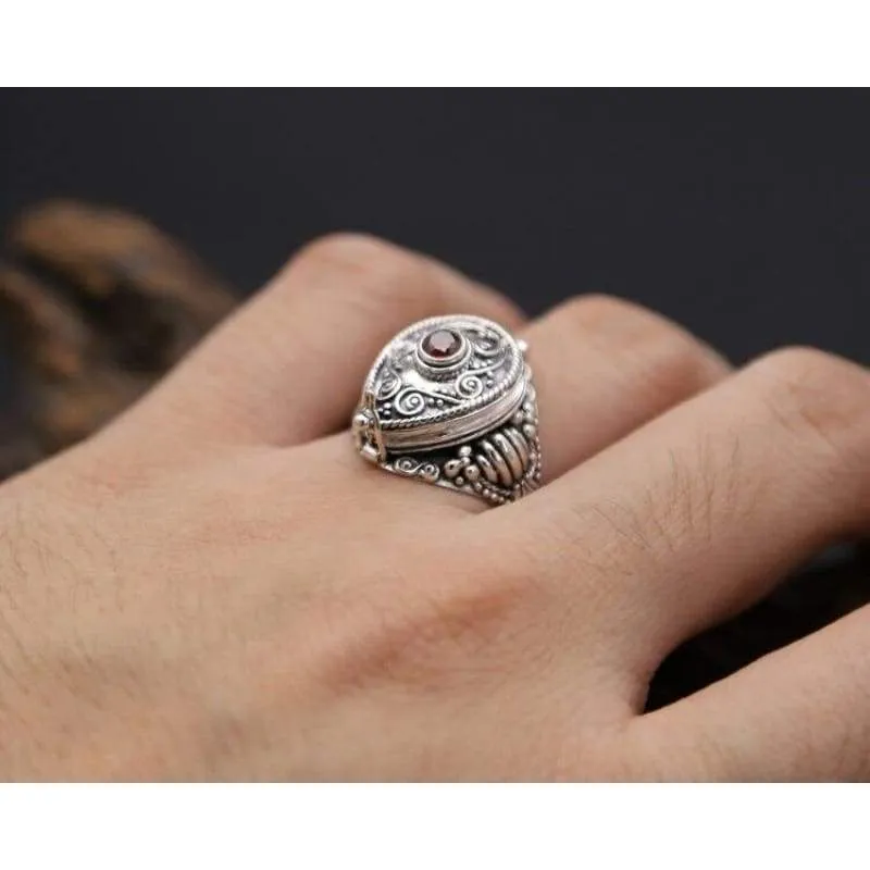 Solid Silver 925 Amulet Box Rings Men With Red Stone Vintage Handmade Real 925 Sterling Silver Jewelry Men Cool Bijoux Gifts