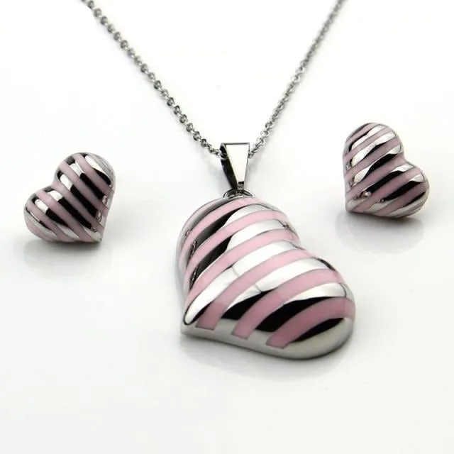 Stainless Steel Jewelry Big Heart Enamel Jewelry Set for Women in Silver Color