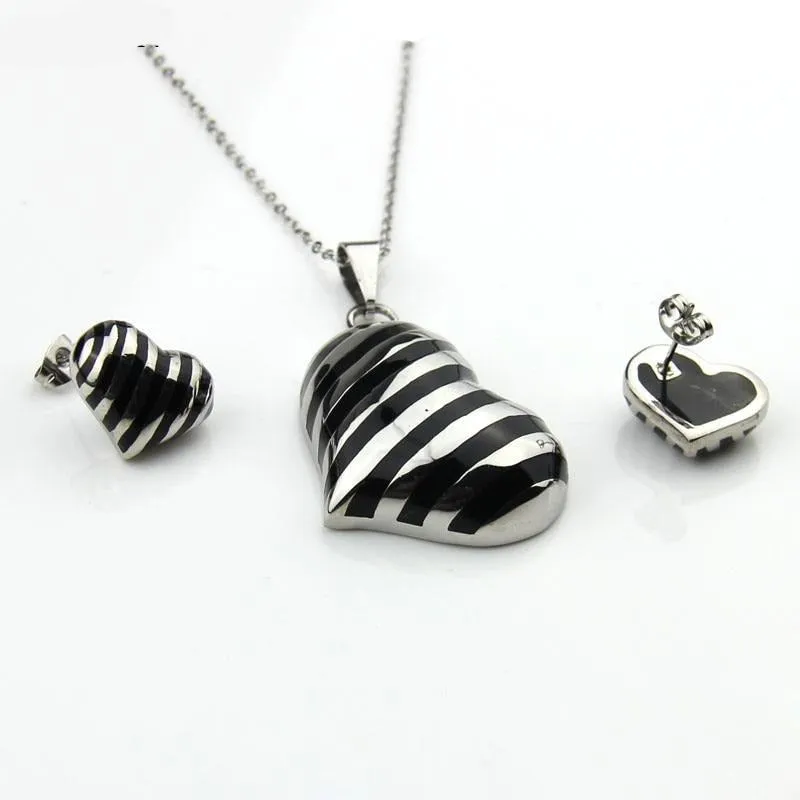 Stainless Steel Jewelry Big Heart Enamel Jewelry Set for Women in Silver Color