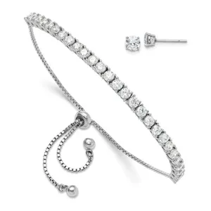 Sterling Silver CZ Adjustable Bracelet and Post Earrings Set