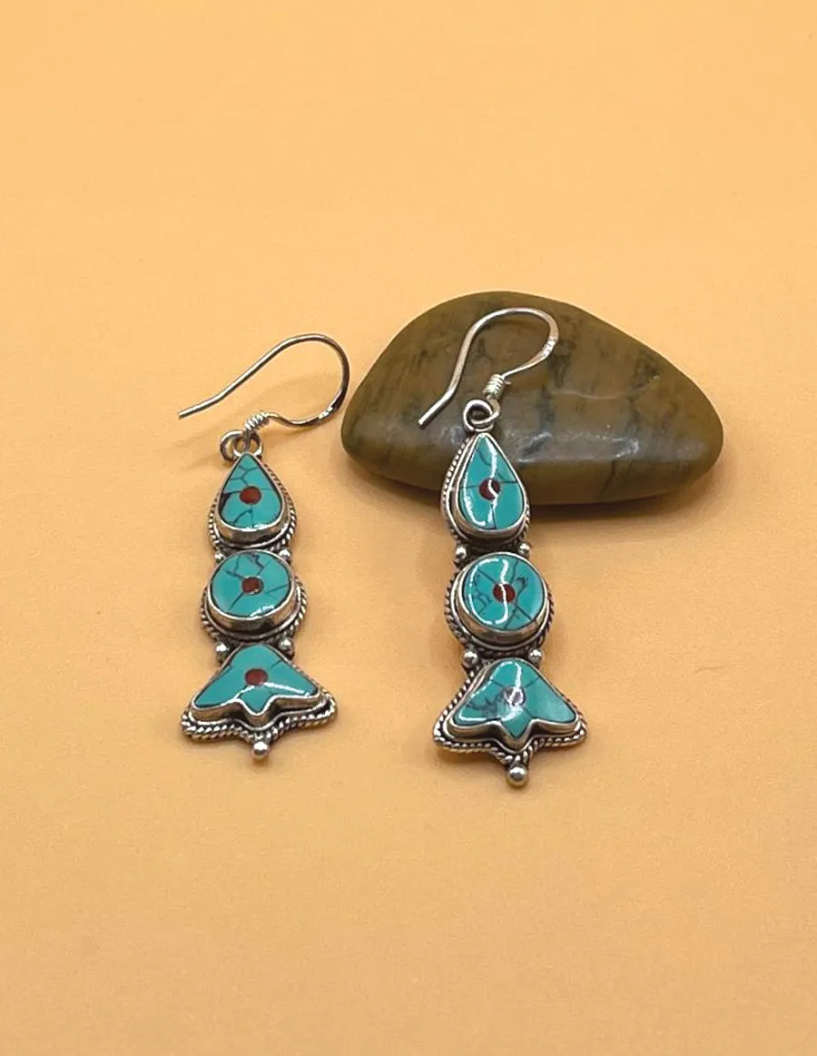 Sterling Silver Gemstone Turquoise Tibetan Inlay Earrings