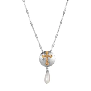 Symbols Of Faith Silver Shield & Cross Pearl Drop Necklace 16"   3" Extension