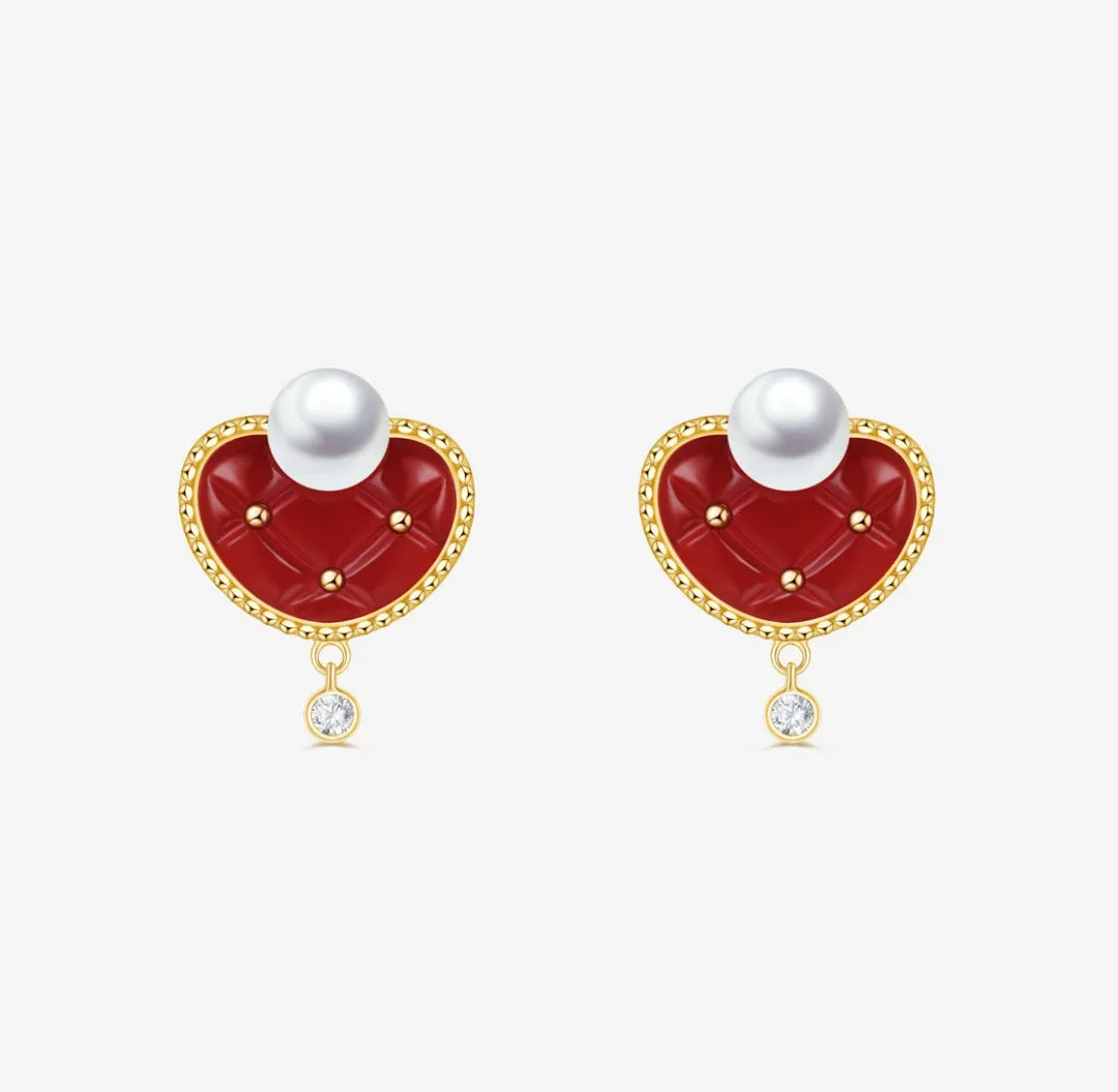 THIALH - CONCERTO - 18K Yellow Gold Carnelian and baby Akoya with Diamond Earrings