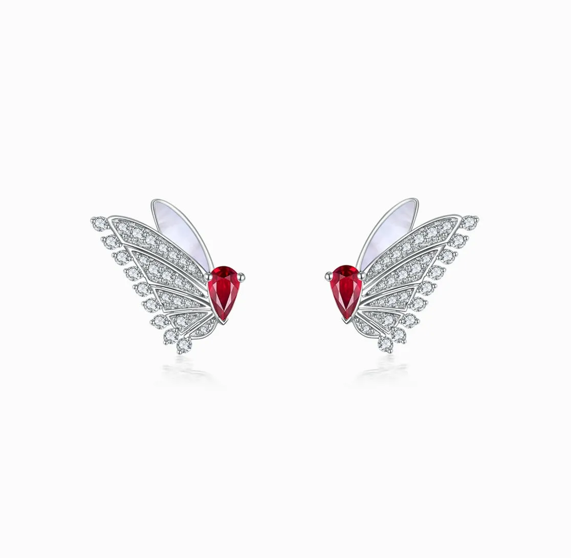 THIALH - FAUNA & FLORA - 18K White Gold Butterfly Ruby and Diamond Stud Earrings