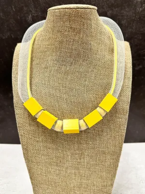 Tulle & Aluminum Beaded Collar Necklace, Yellow