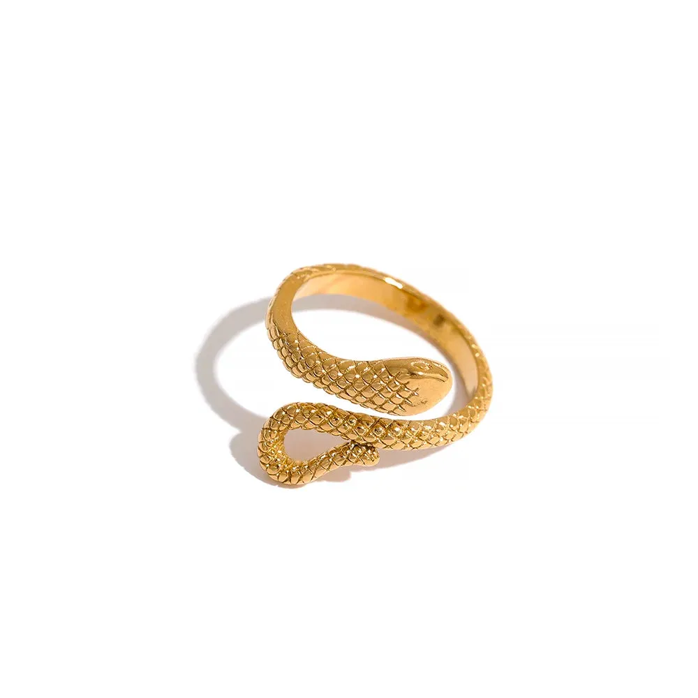 VAIGE Waterproof Gold-Plated Stainless Steel Snake Charm Ring - Trendy Animal-Inspired Fashion Jewelry with Textured Design