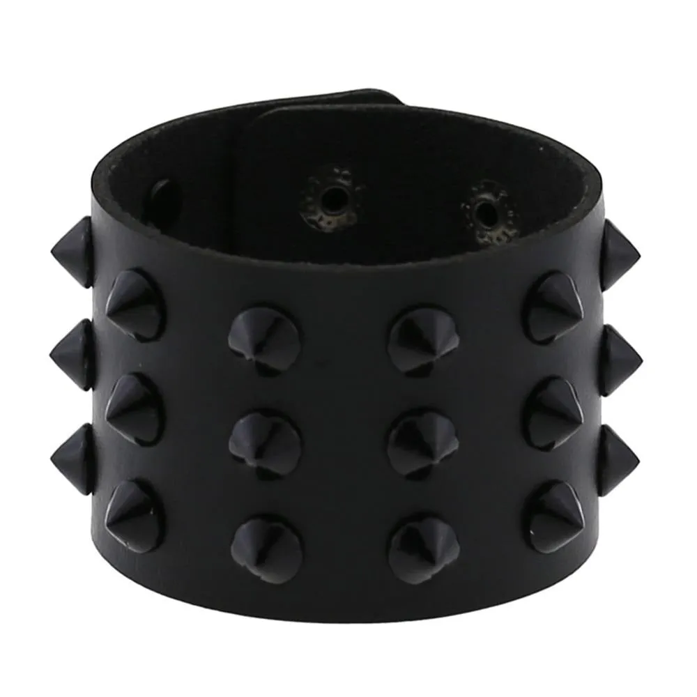 Vegan Leather Spike Bracelet / Wide Snap Button Wrap Bracelets / Wristband for Men and Women