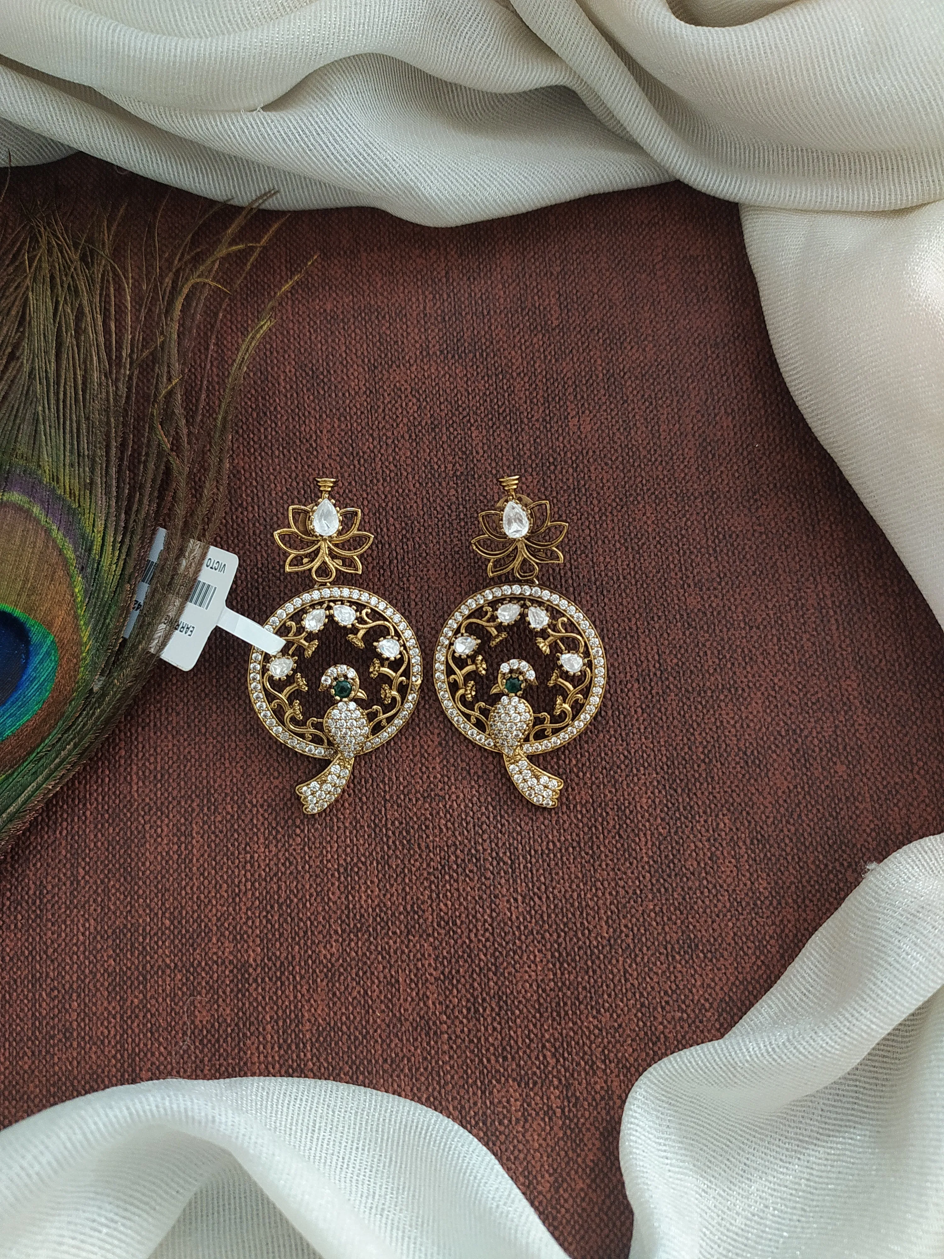 Victorian Floral Studded Peacock Earrings with Moissanite Stones