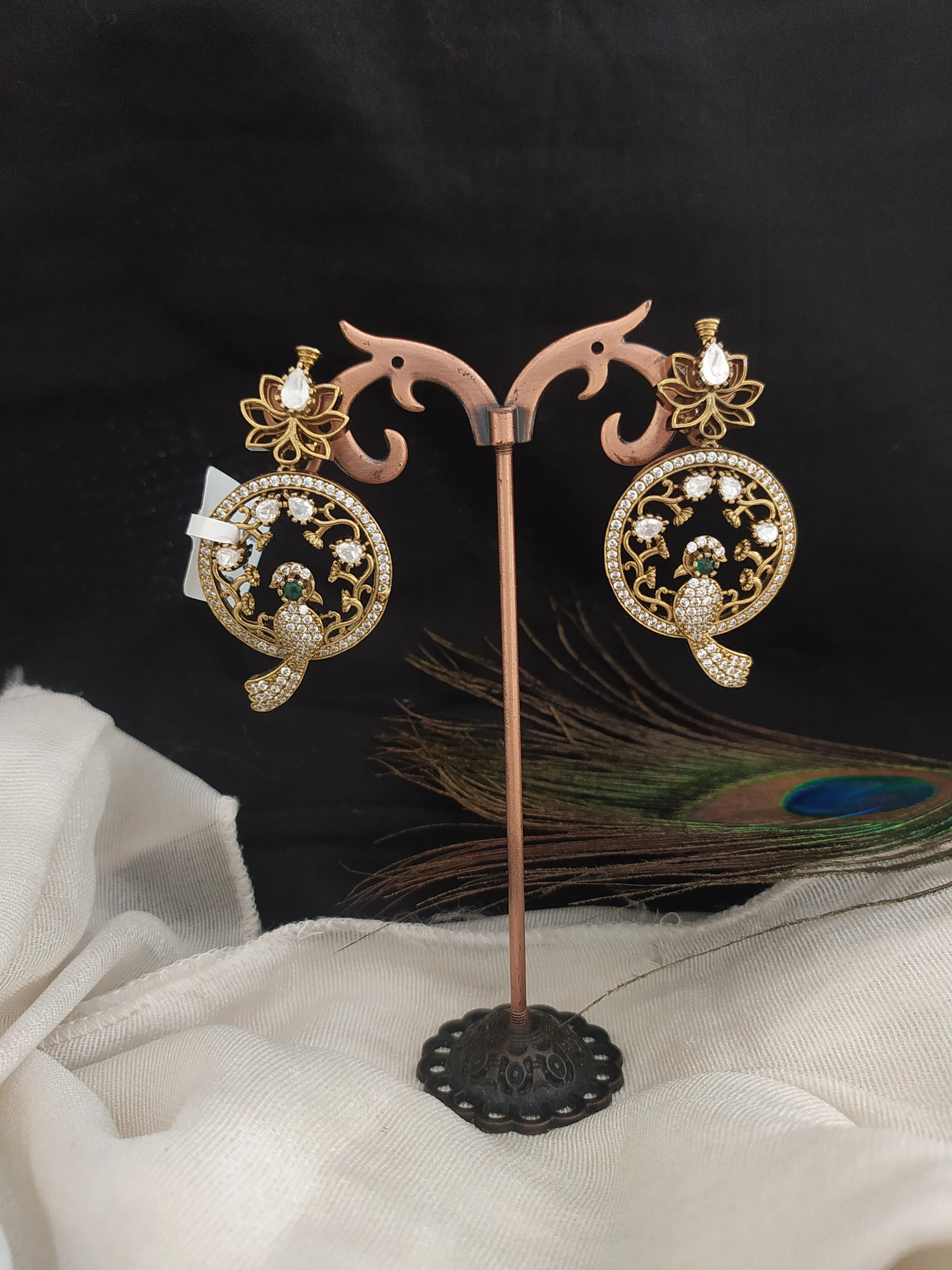 Victorian Floral Studded Peacock Earrings with Moissanite Stones