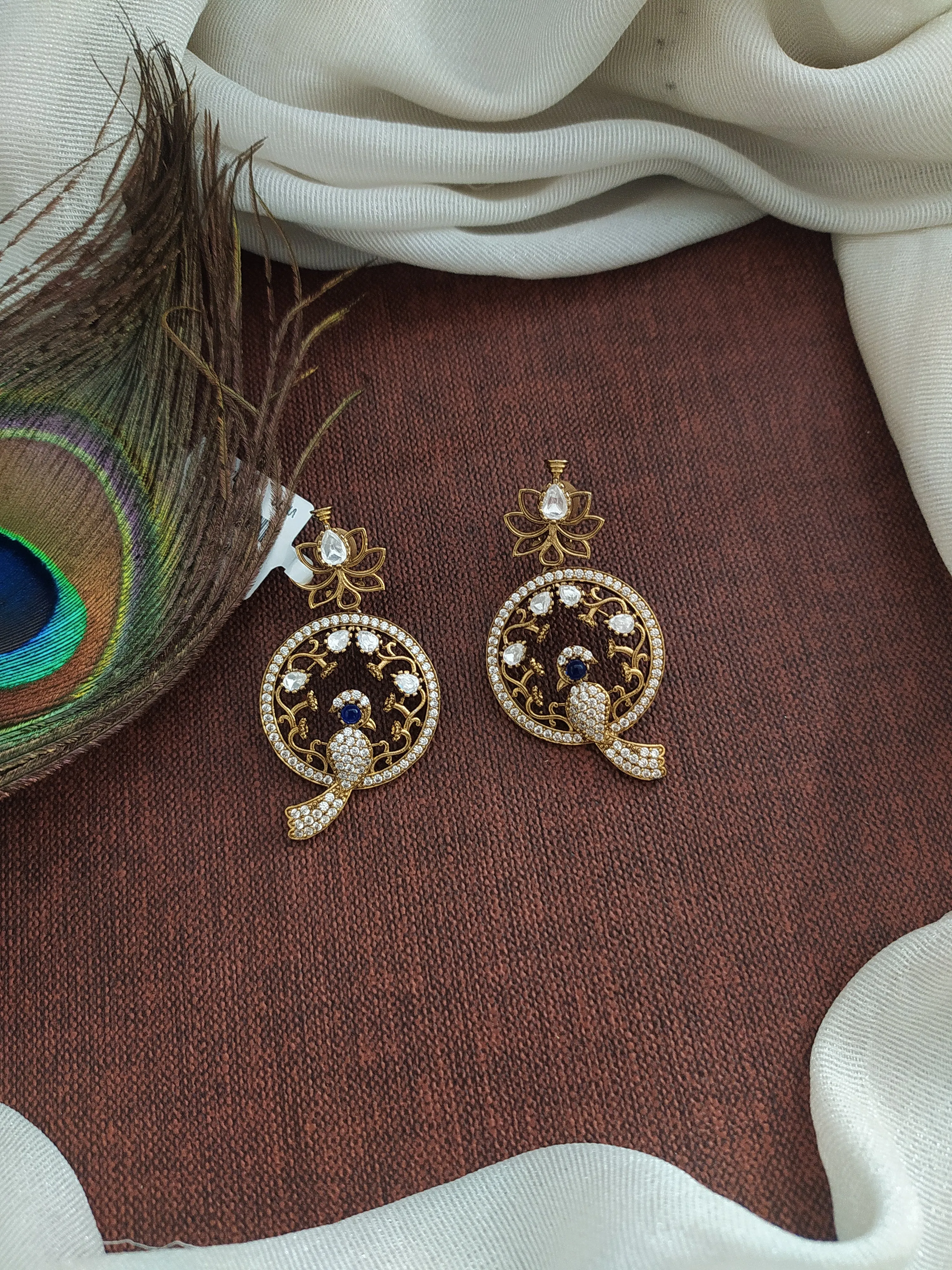 Victorian Floral Studded Peacock Earrings with Moissanite Stones