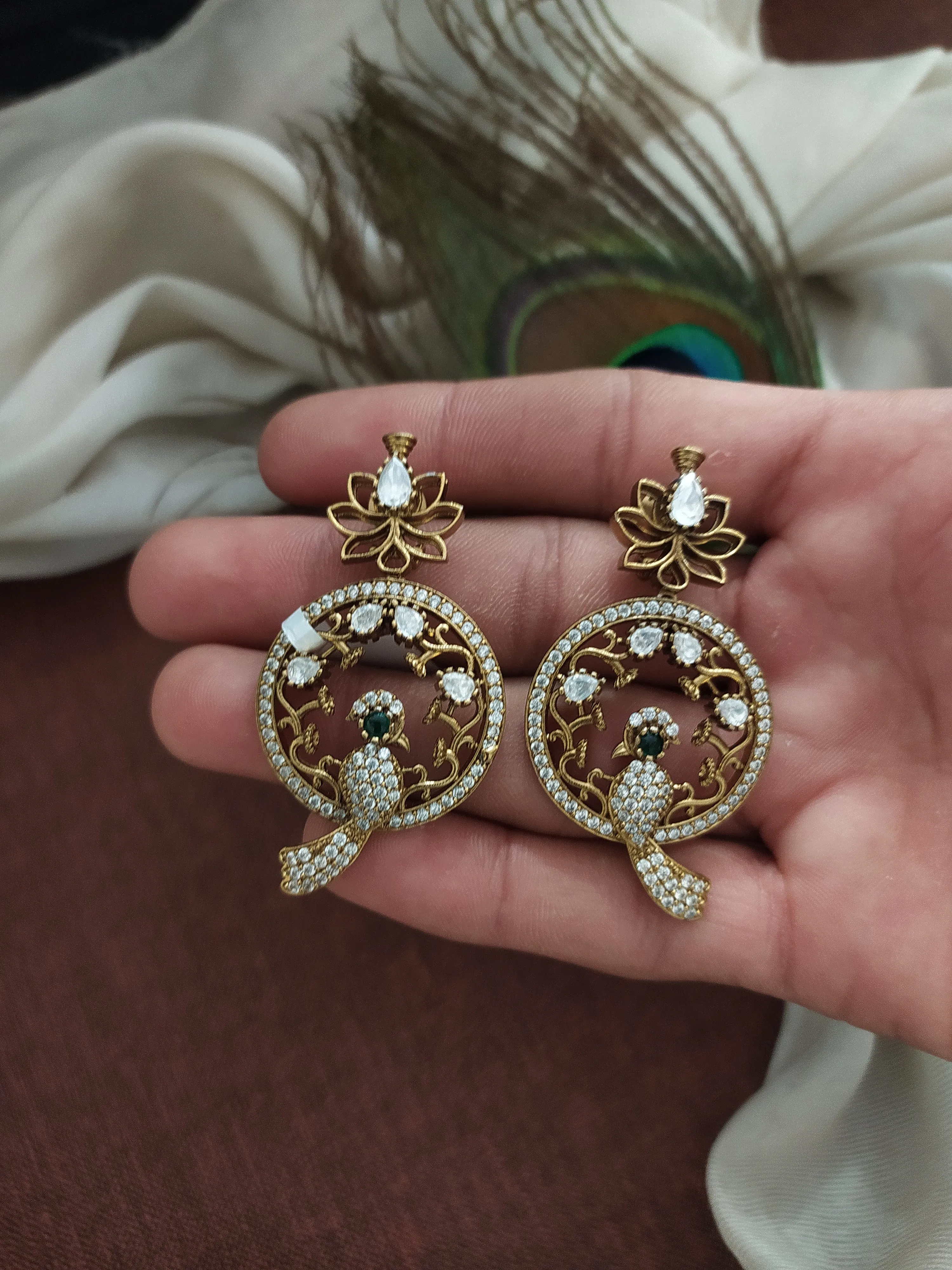 Victorian Floral Studded Peacock Earrings with Moissanite Stones