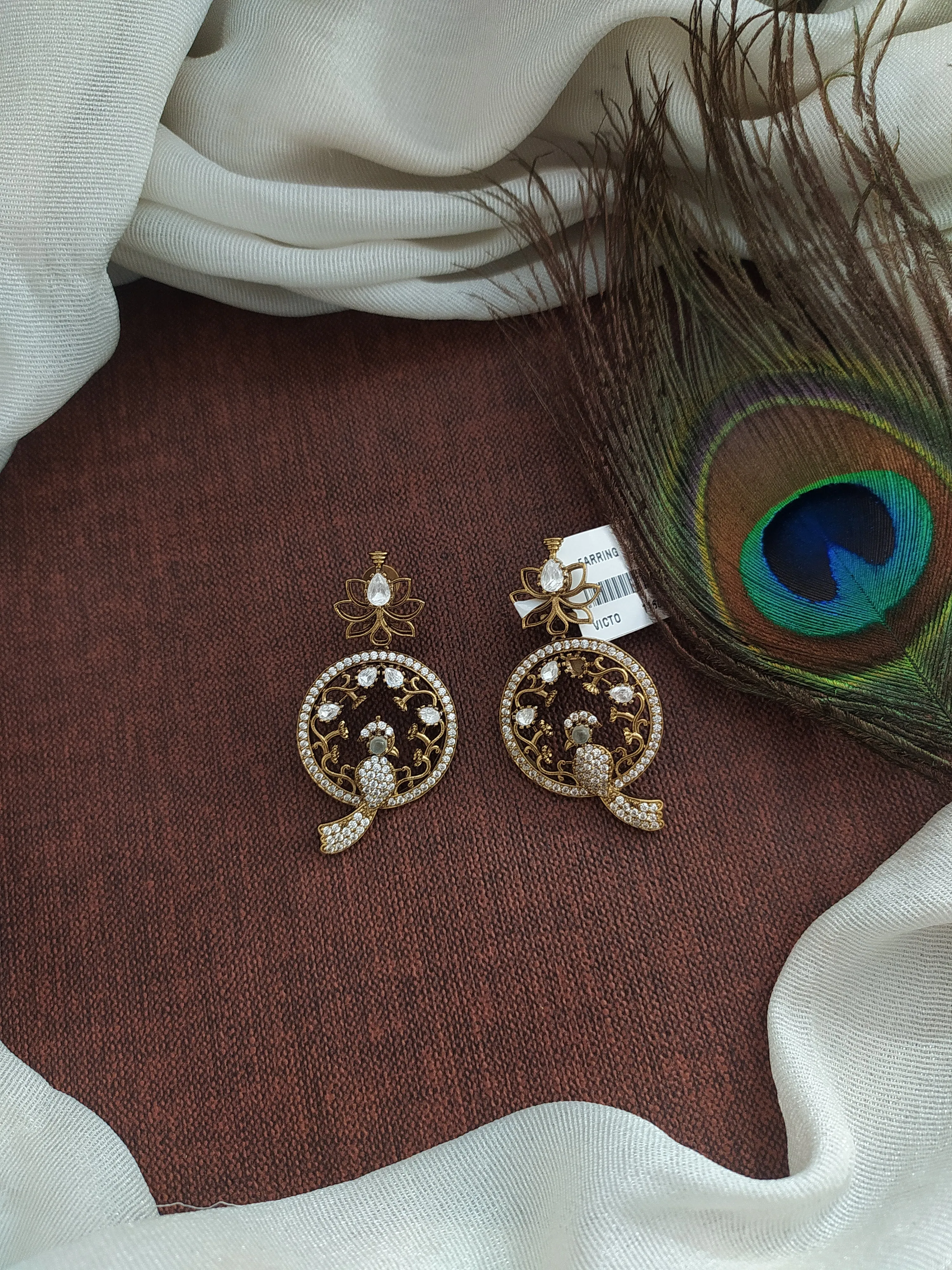 Victorian Floral Studded Peacock Earrings with Moissanite Stones