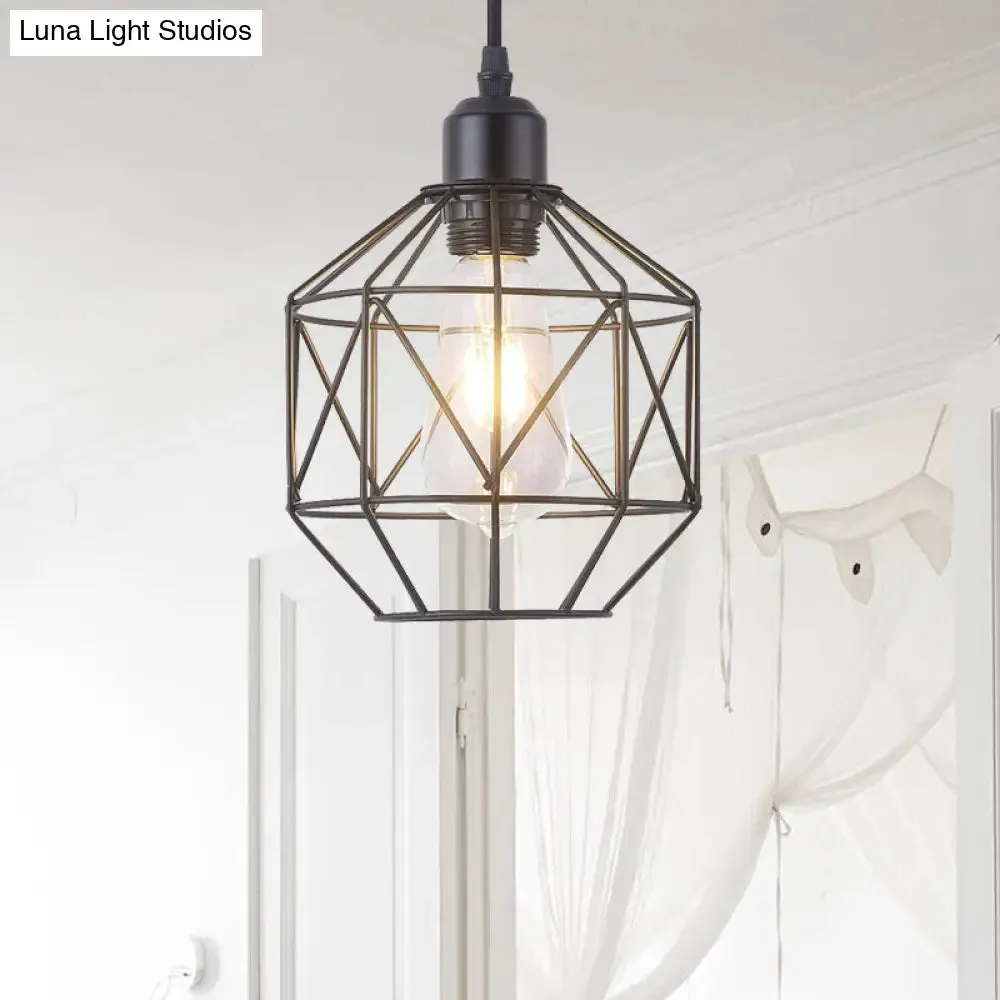 Vintage Black Metal Prism Cage Pendant Lamp - Ideal for Dining Room - 1-Light Hanging Light Fixture