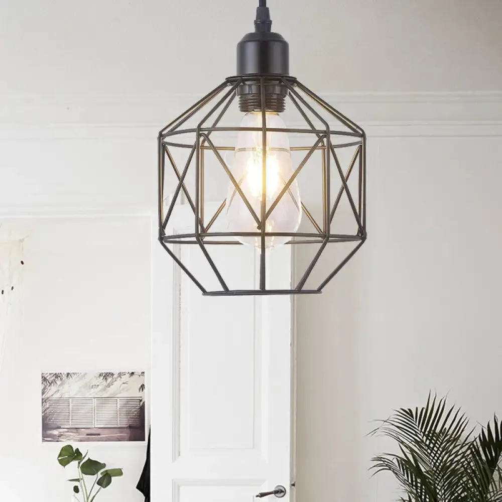 Vintage Black Metal Prism Cage Pendant Lamp - Ideal for Dining Room - 1-Light Hanging Light Fixture