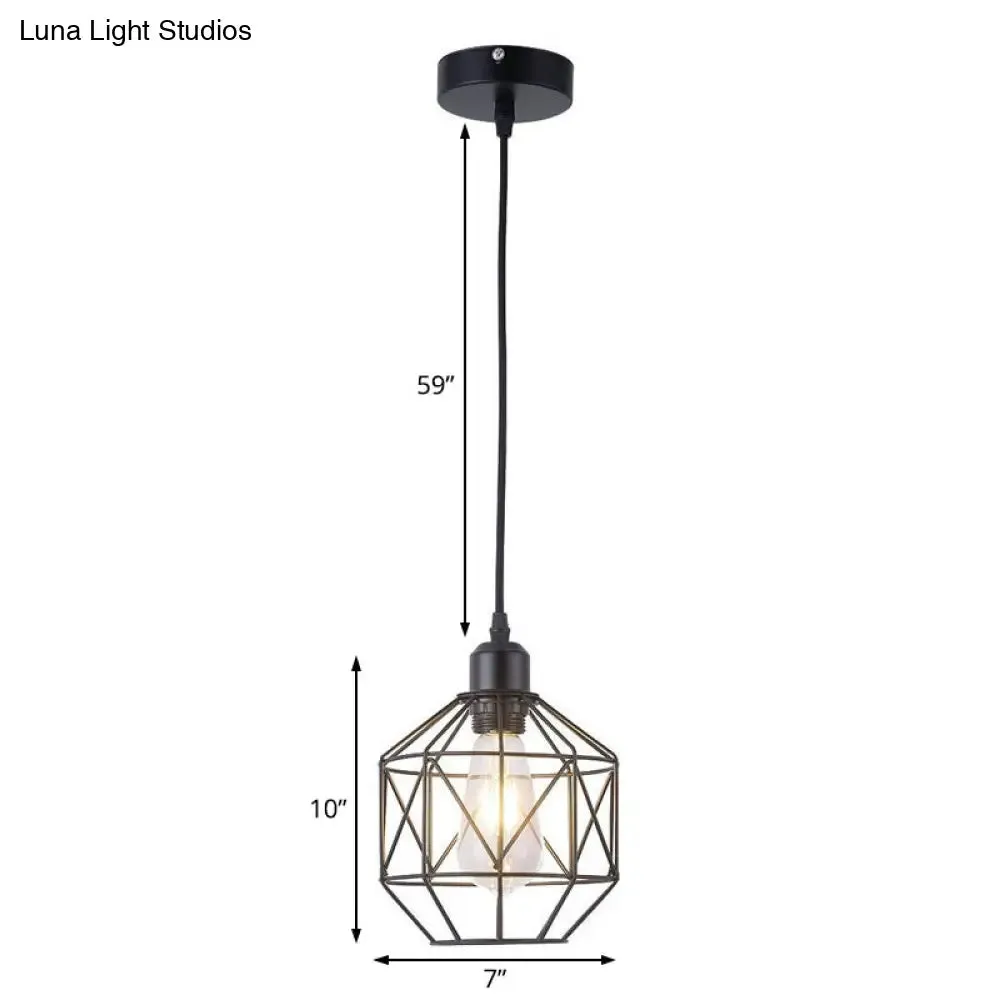 Vintage Black Metal Prism Cage Pendant Lamp - Ideal for Dining Room - 1-Light Hanging Light Fixture