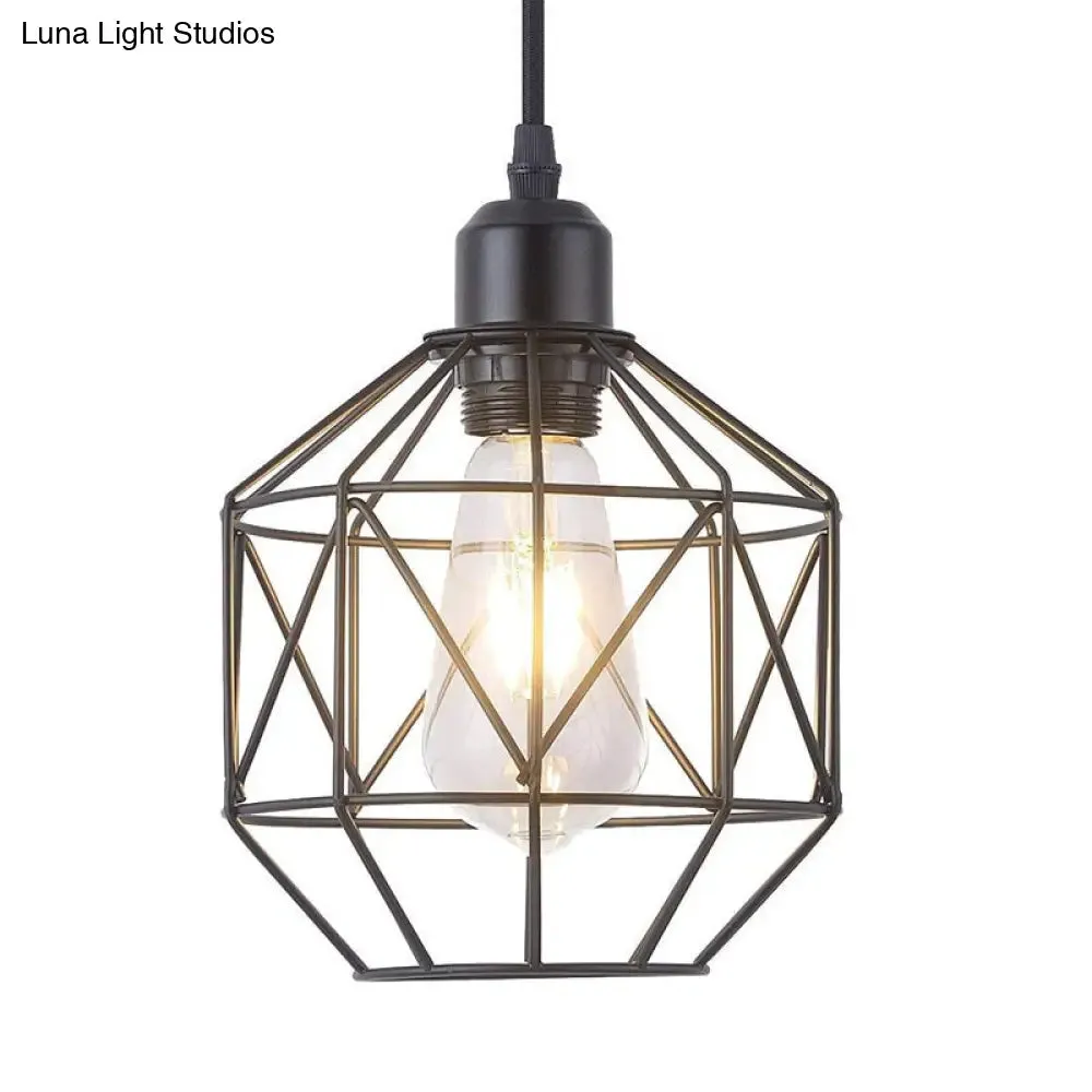 Vintage Black Metal Prism Cage Pendant Lamp - Ideal for Dining Room - 1-Light Hanging Light Fixture