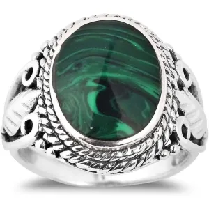 Vintage Inspired Round Green Malachite Nature .925 Sterling Silver Ring