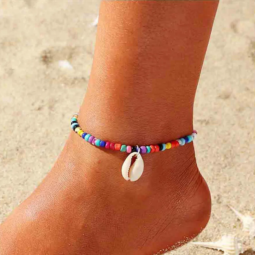 Wholesale Boho Color Rice Beads Shell Alloy Anklet JDC-AS-YeB019