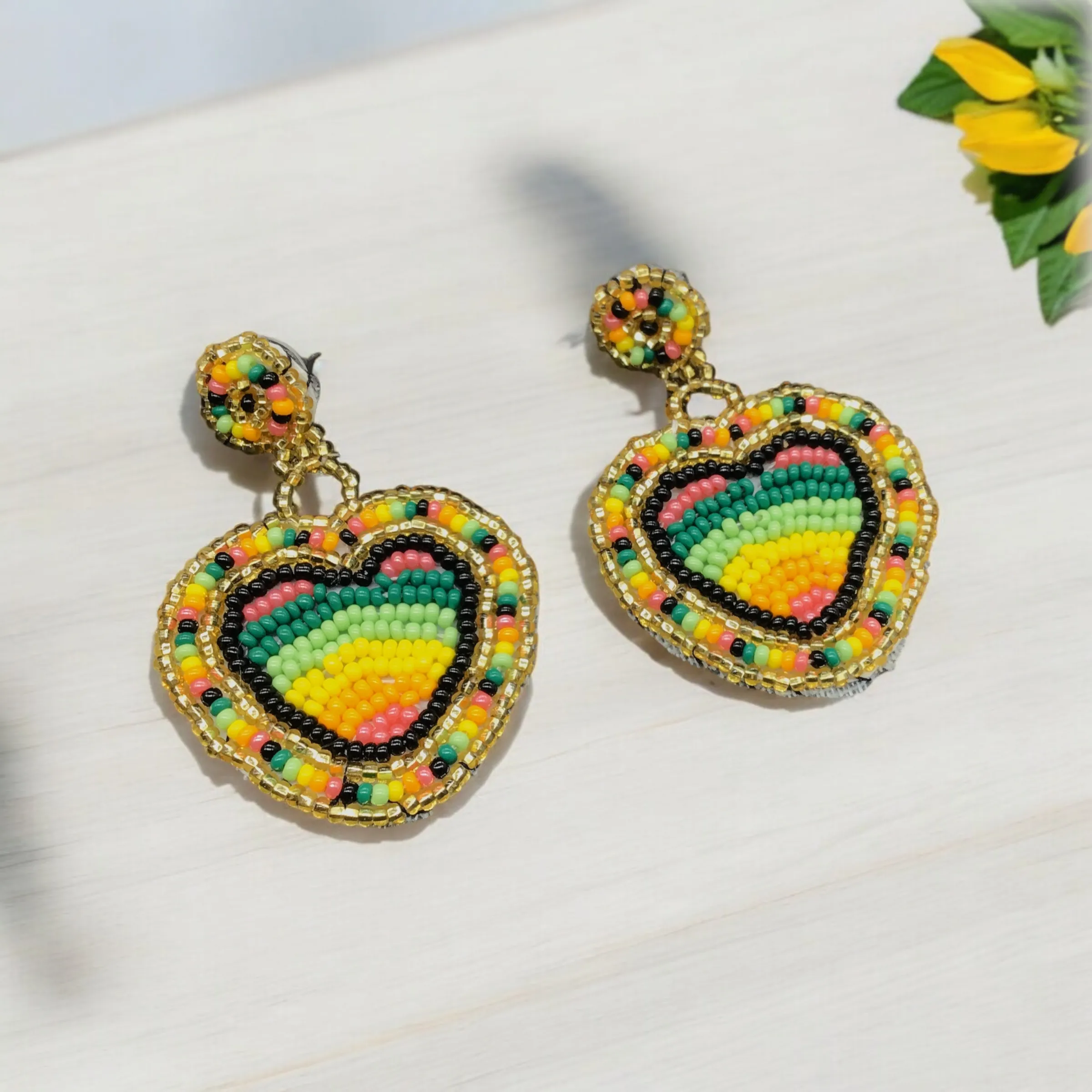 Yellow and Red Heart Beaded Earrings