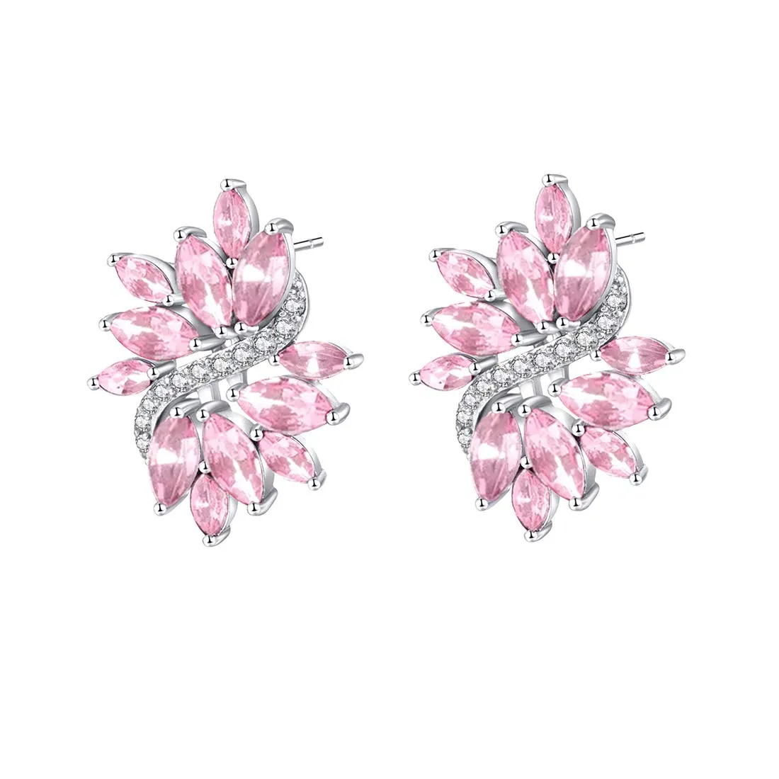 Yellow Chimes Elegant Latest Fashion Silver Toned Pink Studded Crystal Floral Design Stud Earrings for Women and Girls, medium