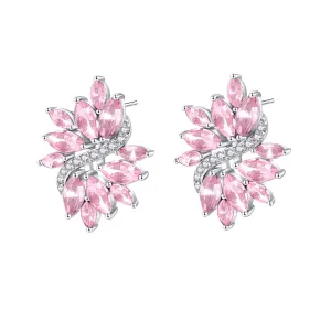 Yellow Chimes Elegant Latest Fashion Silver Toned Pink Studded Crystal Floral Design Stud Earrings for Women and Girls, medium