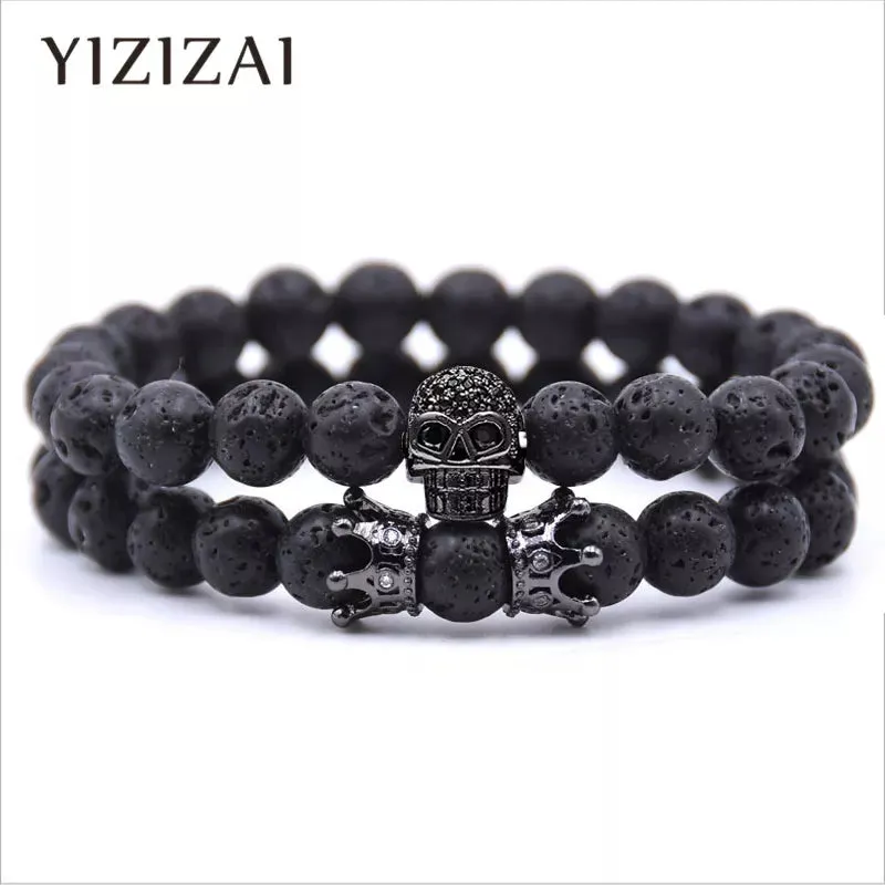 YIZIZAI Skull Crown Couple Bracelet Beads Bracelets For Women Jewelry Men Pulseira Masculina Feminina 2018 Men's Erkek Bileklik